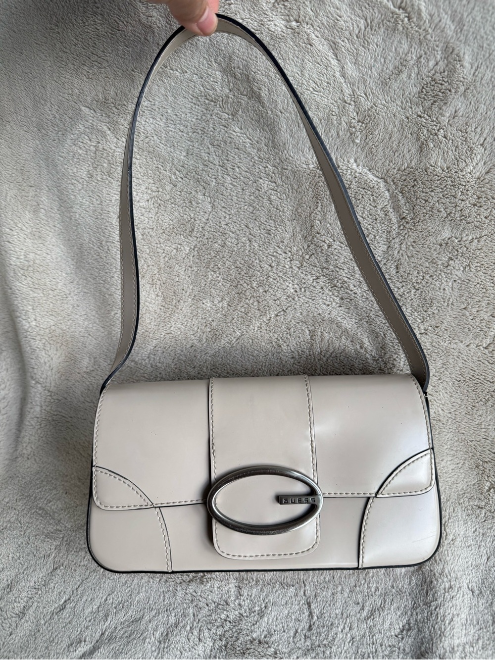 GUESS Cream baguette Shoulder Bag with Oval Hardware Accent
